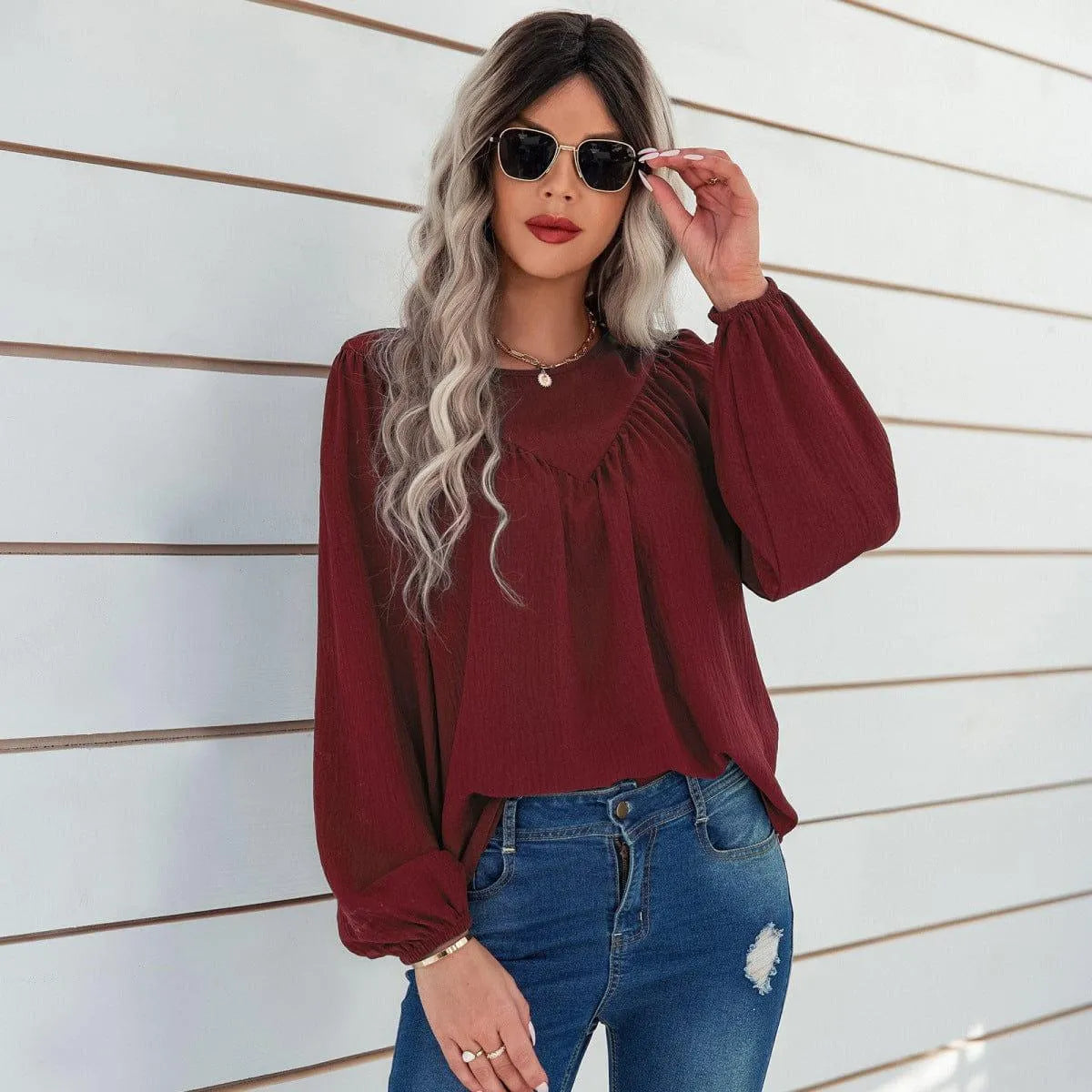 Round Neck Gathering Long Sleeve Top Jewelry Bubble