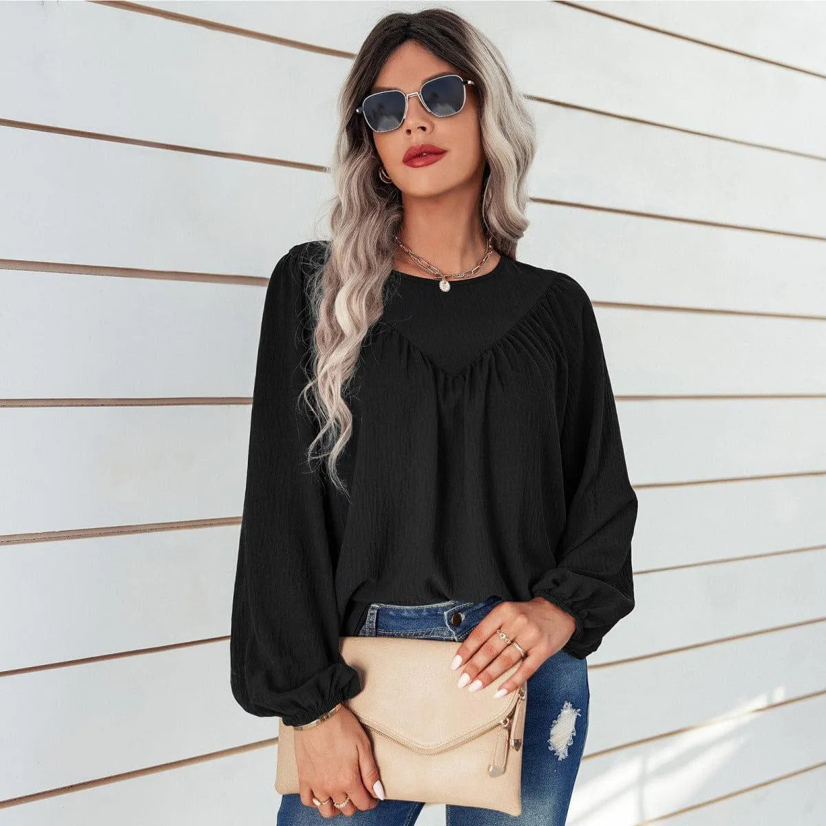 Round Neck Gathering Long Sleeve Top Jewelry Bubble