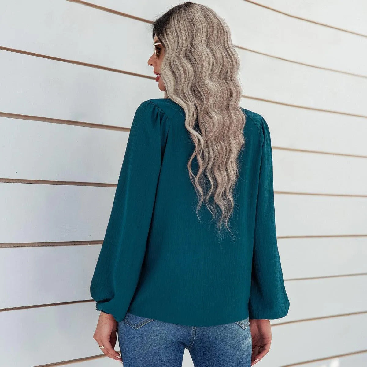 Round Neck Gathering Long Sleeve Top Jewelry Bubble