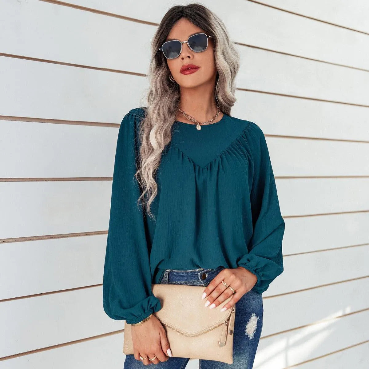 Round Neck Gathering Long Sleeve Top Jewelry Bubble