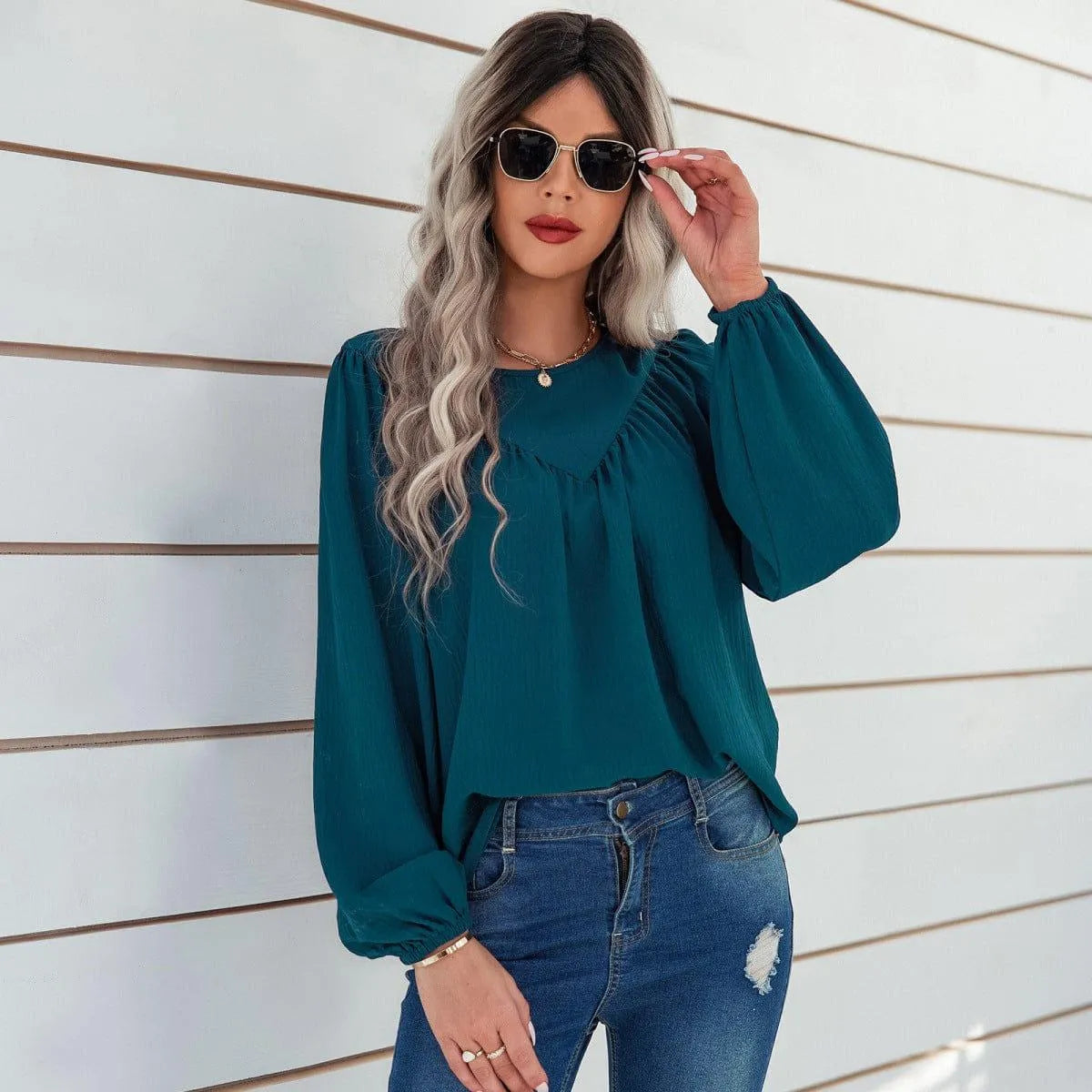 Round Neck Gathering Long Sleeve Top Jewelry Bubble