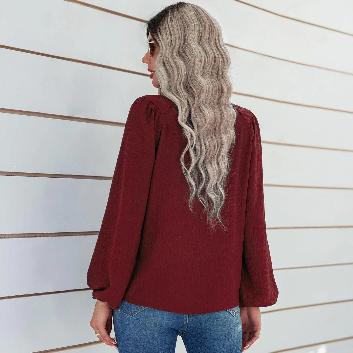 Round Neck Gathering Long Sleeve Top Jewelry Bubble