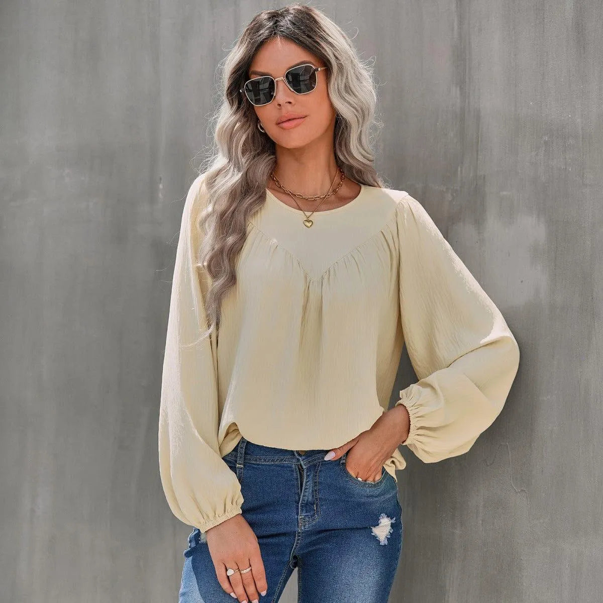 Round Neck Gathering Long Sleeve Top Jewelry Bubble