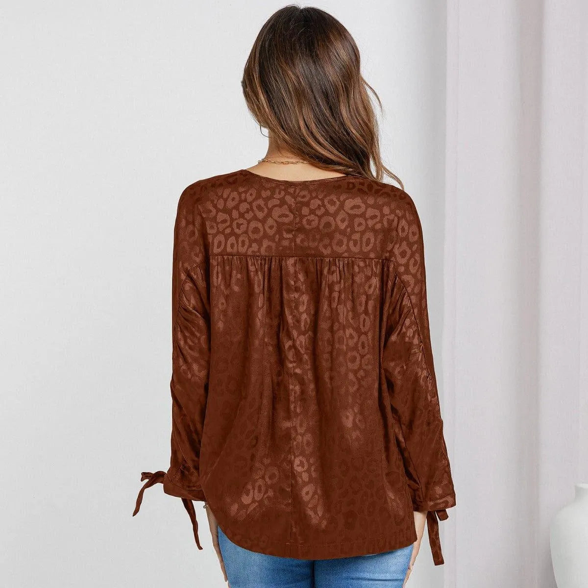 Round Neck Leopard Print Tie Cuff Shirt Jewelry Bubble