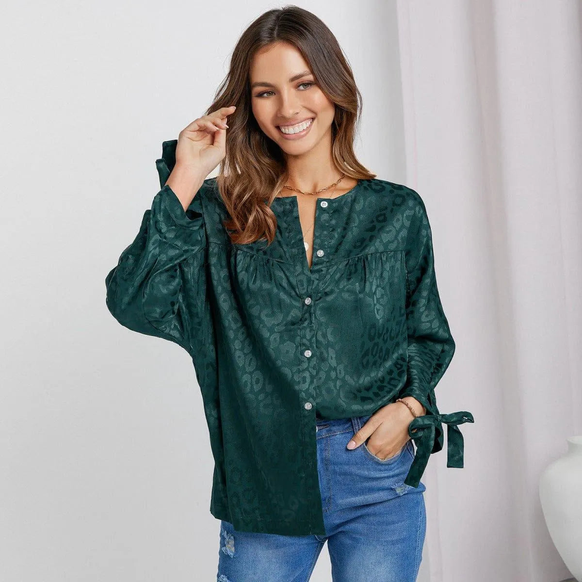 Round Neck Leopard Print Tie Cuff Shirt Jewelry Bubble