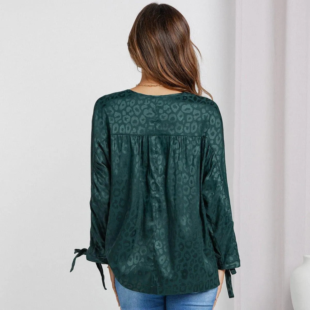 Round Neck Leopard Print Tie Cuff Shirt Jewelry Bubble