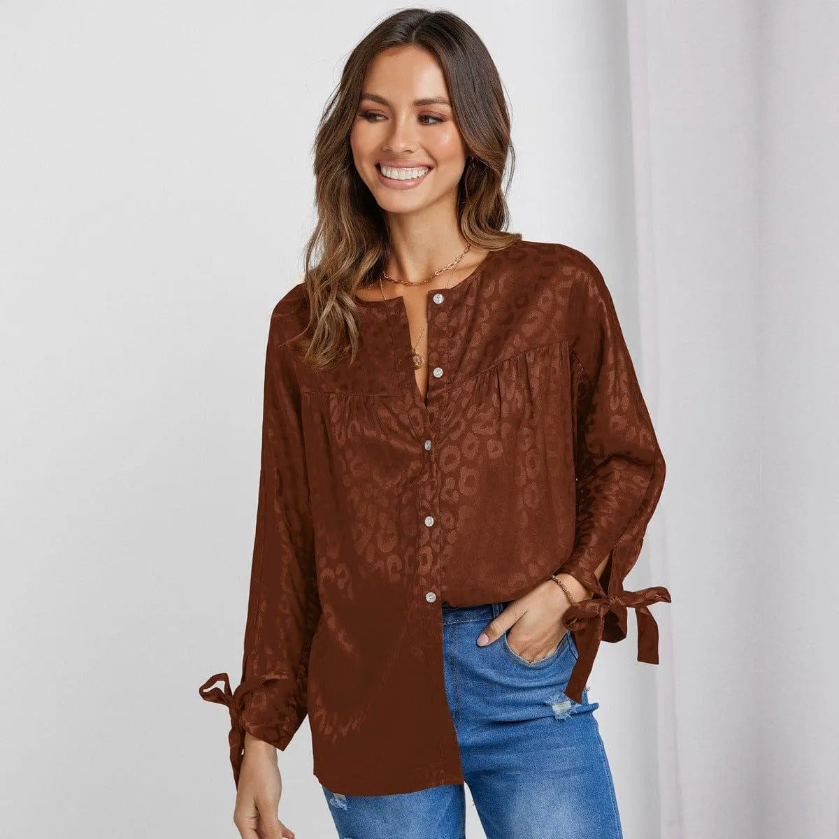 Round Neck Leopard Print Tie Cuff Shirt Jewelry Bubble