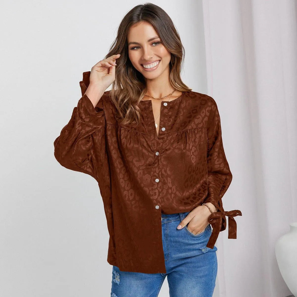 Round Neck Leopard Print Tie Cuff Shirt Jewelry Bubble