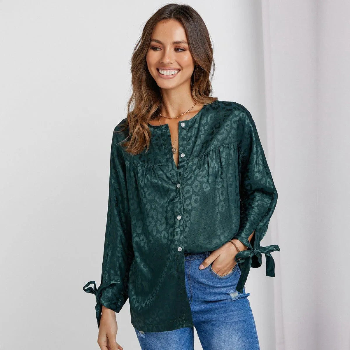 Round Neck Leopard Print Tie Cuff Shirt Jewelry Bubble