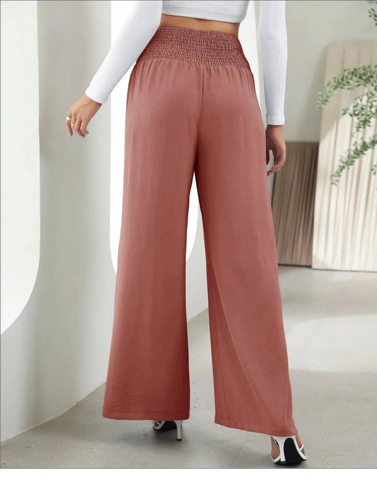 Shirred Elastic Waist High Waist Buttoned Wide Leg Pants