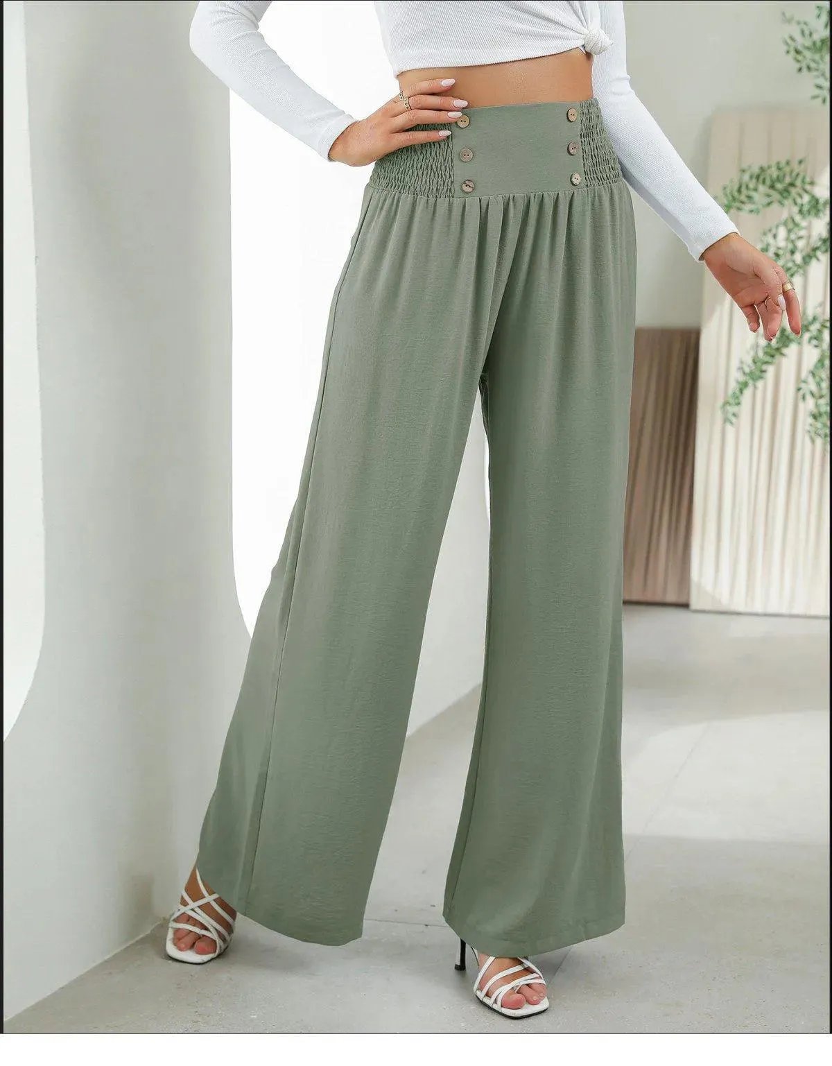 Shirred Elastic Waist High Waist Buttoned Wide Leg Pants