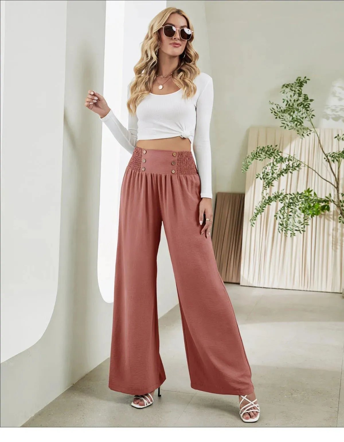 Shirred Elastic Waist High Waist Buttoned Wide Leg Pants