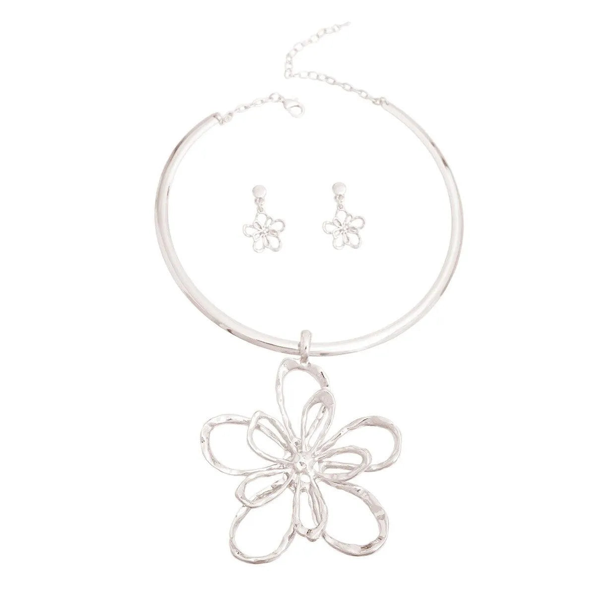 Silver Open Flower Pendant Necklace with Matching Earrings - Perfect Gift Pinktown