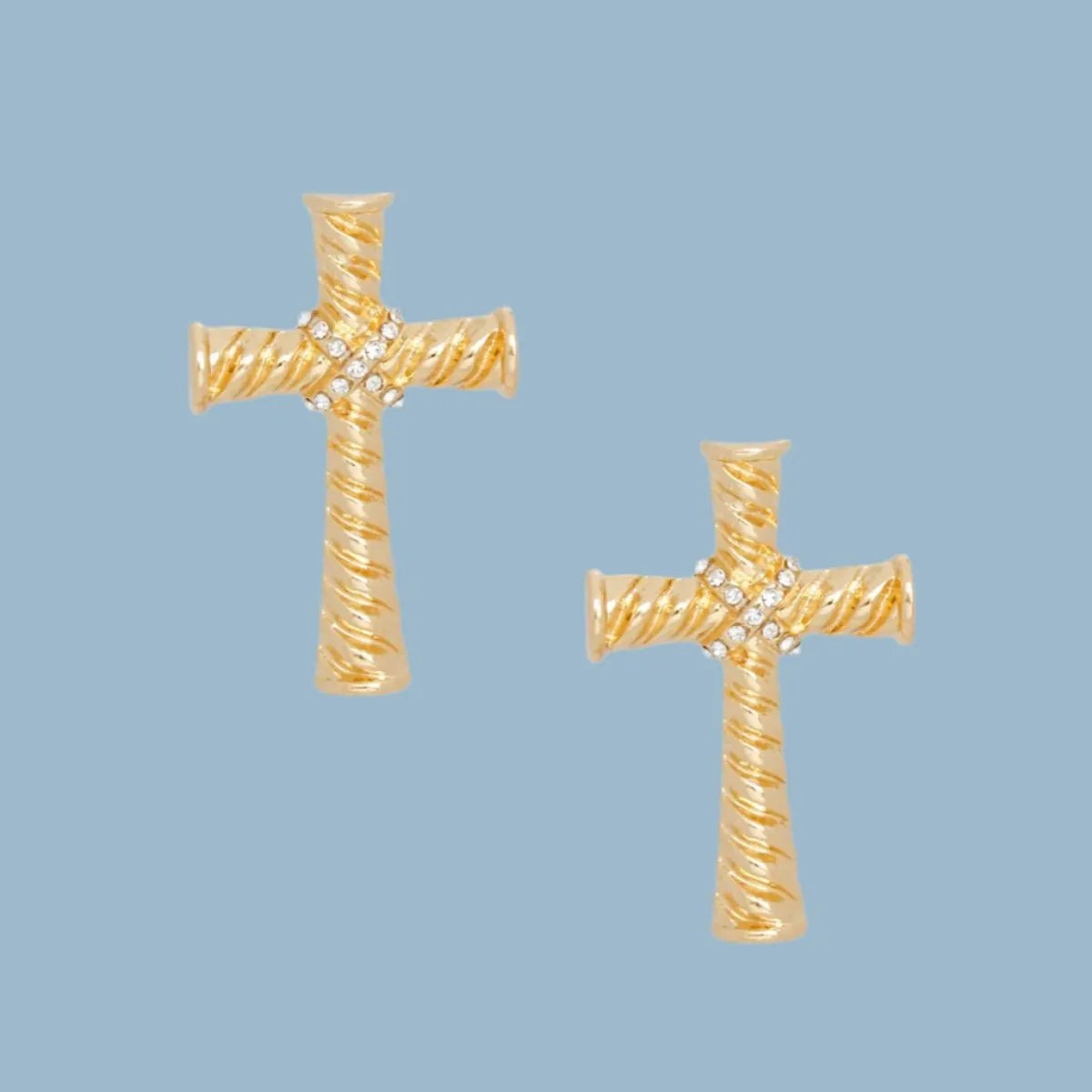 Small Cross Stud Earrings in Gold Tone Texture