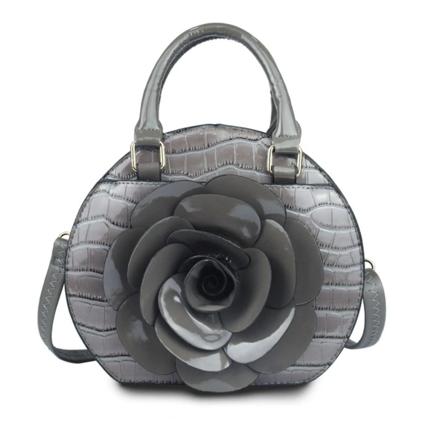 Stylish Gray Dimensional Flower Handbag with Top Handles Pinktown