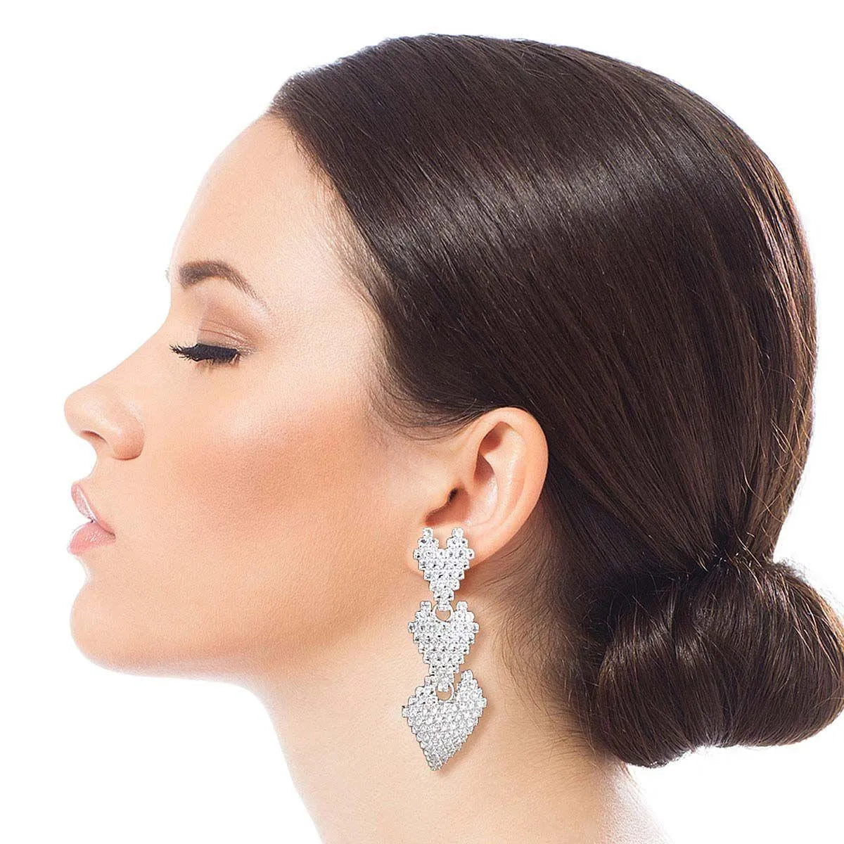 Triple Heart Statement Drop Earrings Silver Plated Pinktown