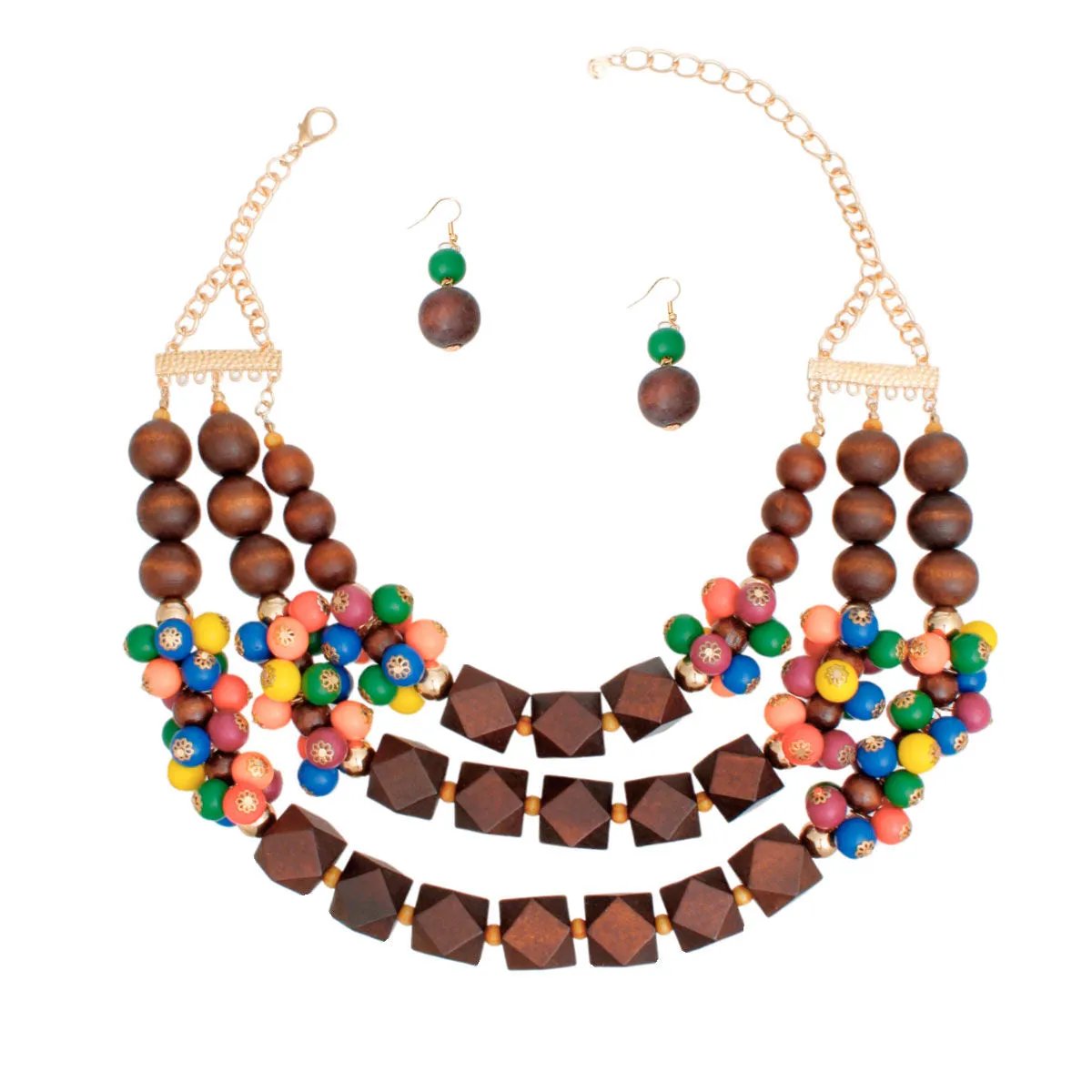 Triple Layer Wooden Bead Necklace Set