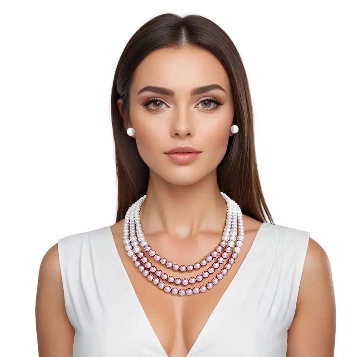 Triple Strand Pearl Necklace Set in Purple & White - Stand Out Fashion Jewelry