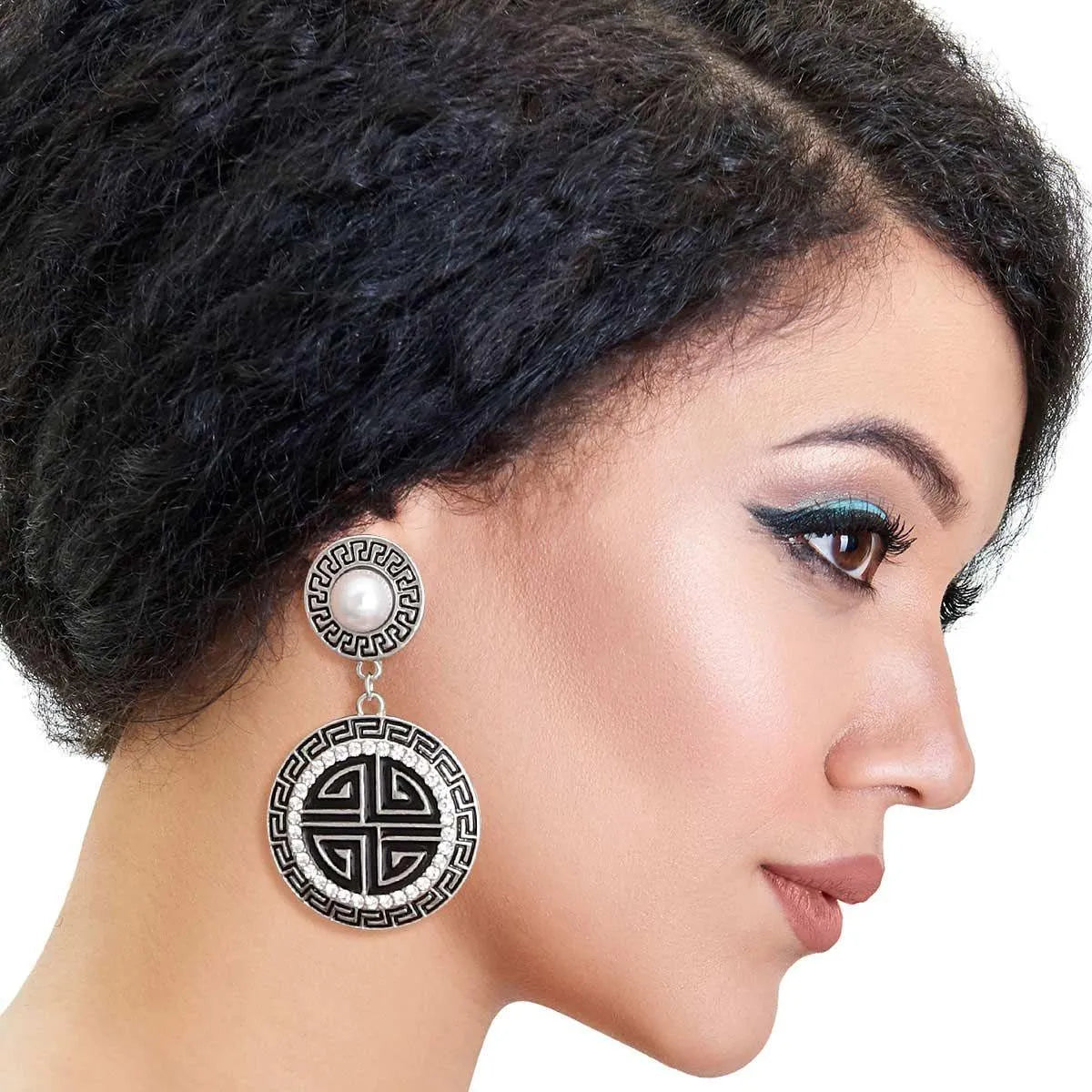 Two-Tone Greek Key Medallion Earrings Black Pinktown