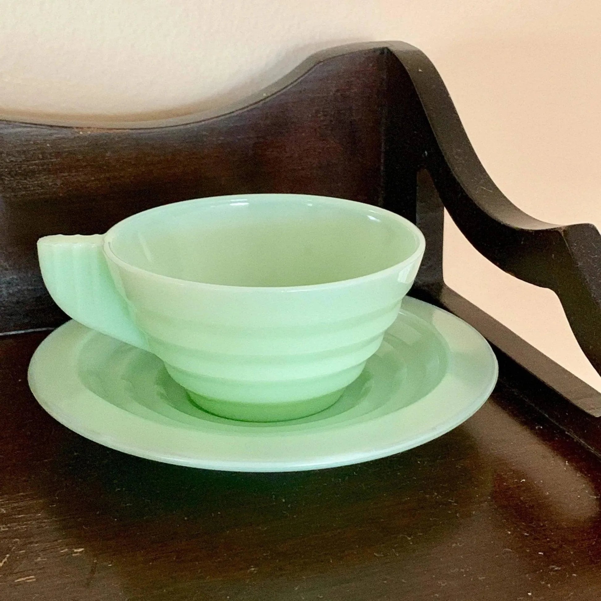 Vintage Milk Jadeite Glass Demitasse Teacup Saucer Set Art Deco Design