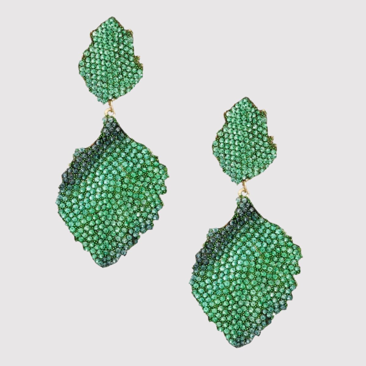 Wavy Petal Leaf Gold-Plated Earrings with Green Rhinestones Pinktown