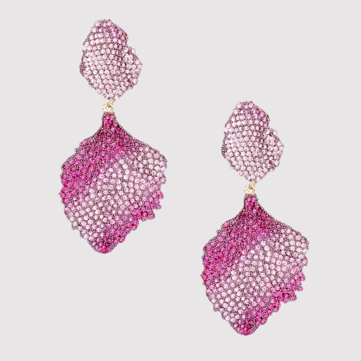 Wavy Petal Leaf Gold-Plated Earrings with Pink Rhinestones Pinktown