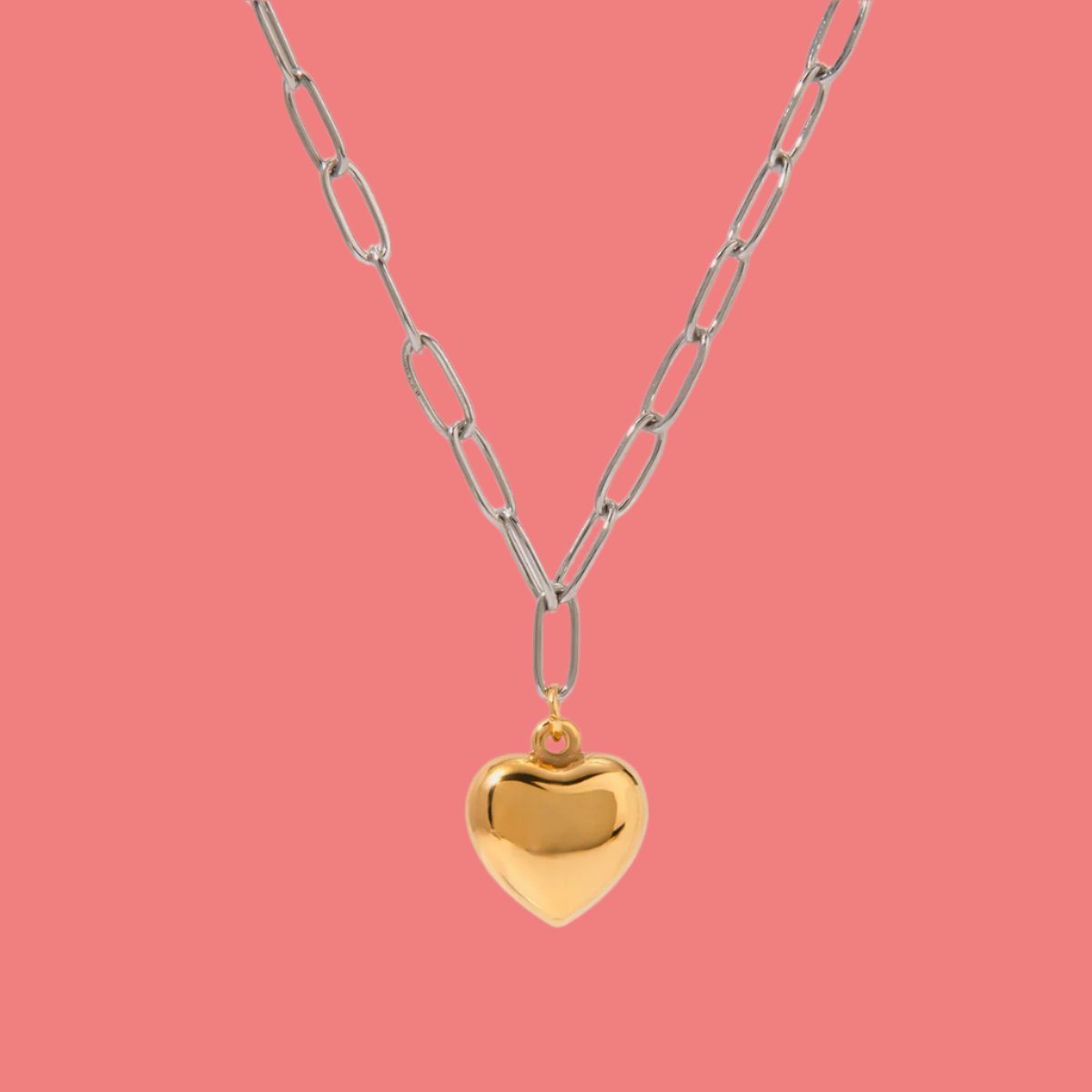 Women's Silver Paperclip Chain Necklace With Dainty Gold Heart Charm Trendsi