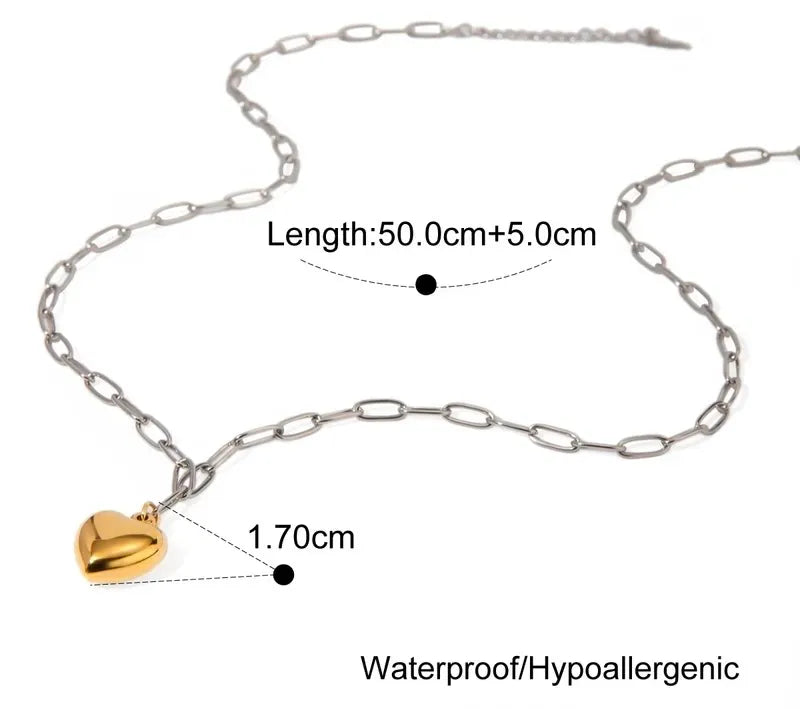 Women's Silver Paperclip Chain Necklace With Dainty Gold Heart Charm Trendsi