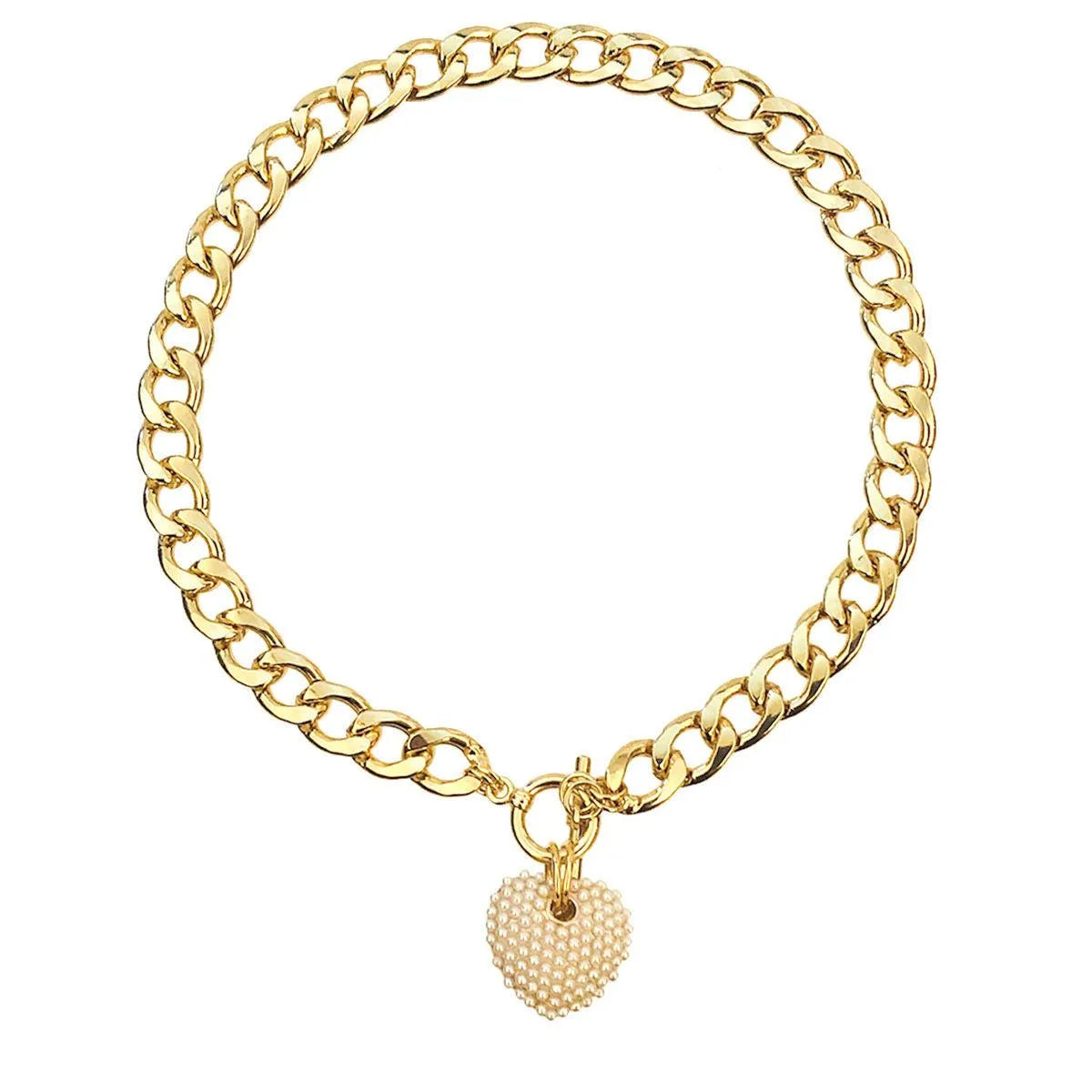 Yellow Gold Plated Link Chain Necklace Cream Faux Pearl Heart Charm Jewelry Bubble