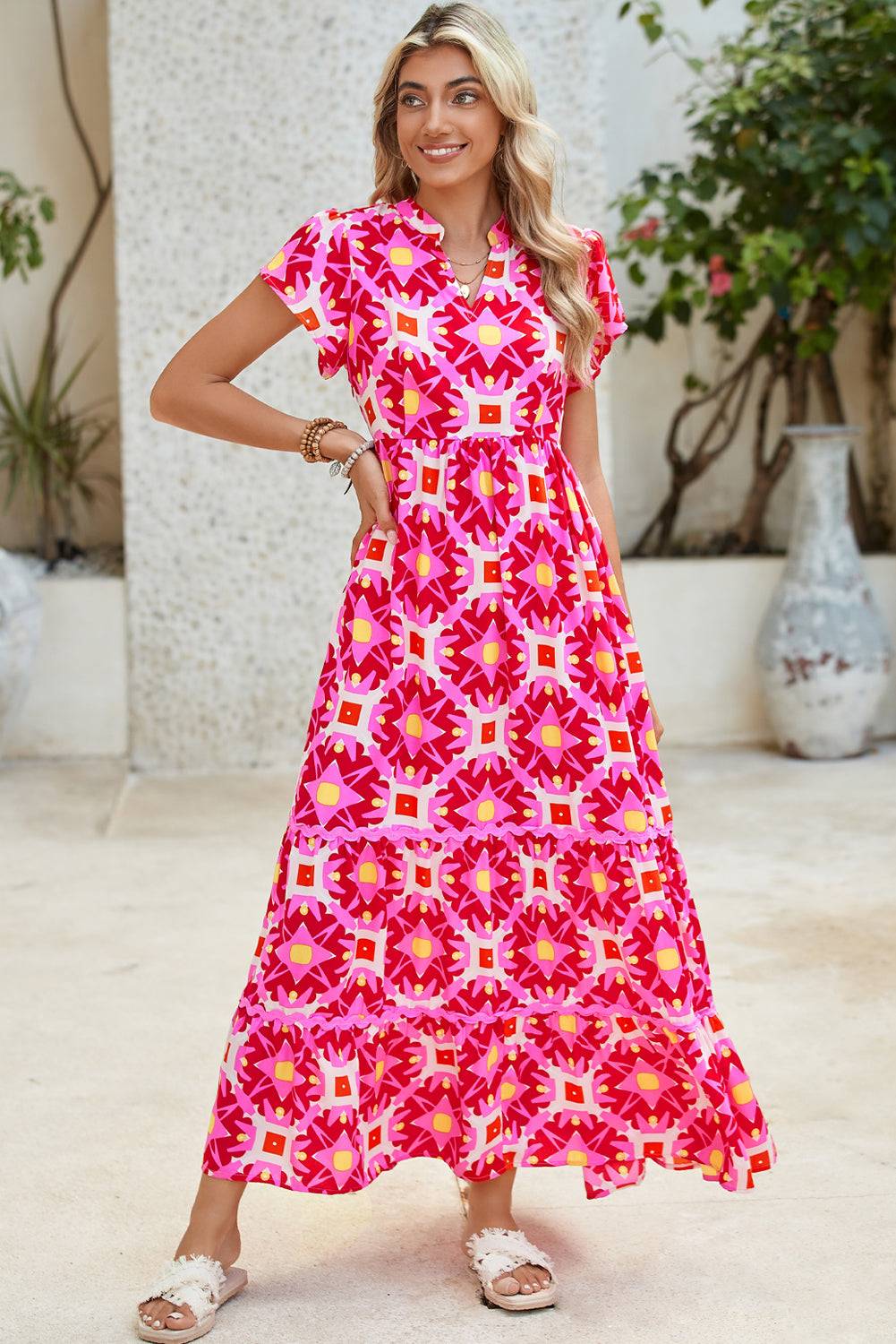 Abstract Print Maxi Dress – Vibrant Pink Boho Style with Flounce Sleeves & Pleated Detail Shewin