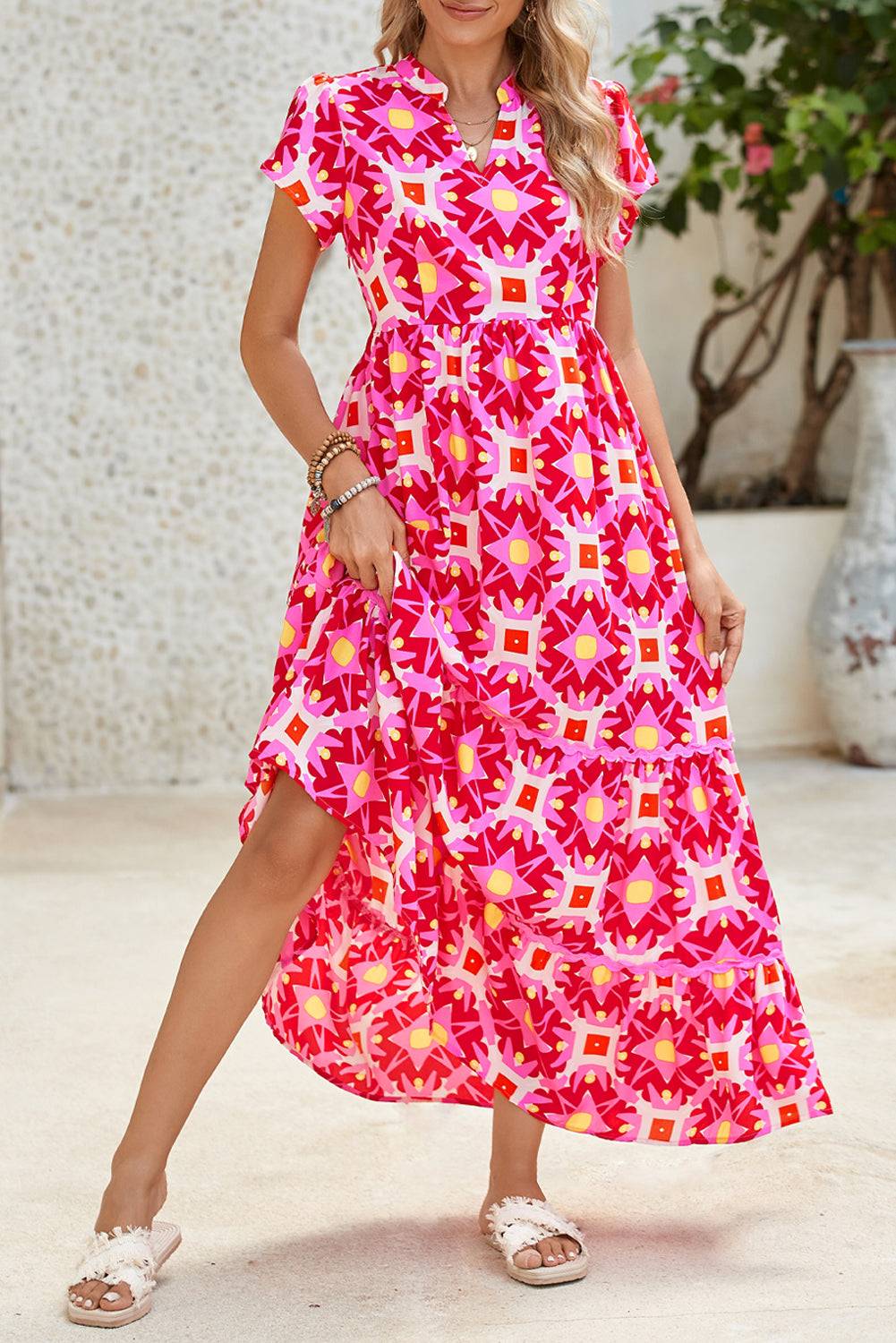 Abstract Print Maxi Dress – Vibrant Pink Boho Style with Flounce Sleeves & Pleated Detail Shewin