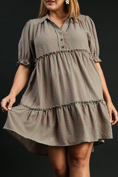 Plaid Frill Button Detail Ruffled Short Sleeve Dress Trendsi