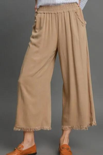Camel Linen Blend Elastic Waistband Wide Leg Pants