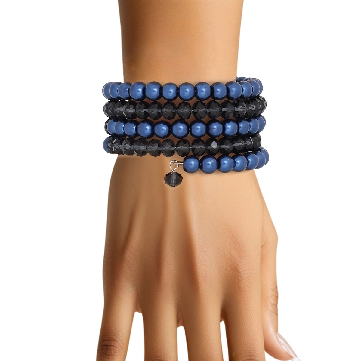 Blue Coil Memory Wire Bead Bracelet Spiral Acrylic & Glass Design
