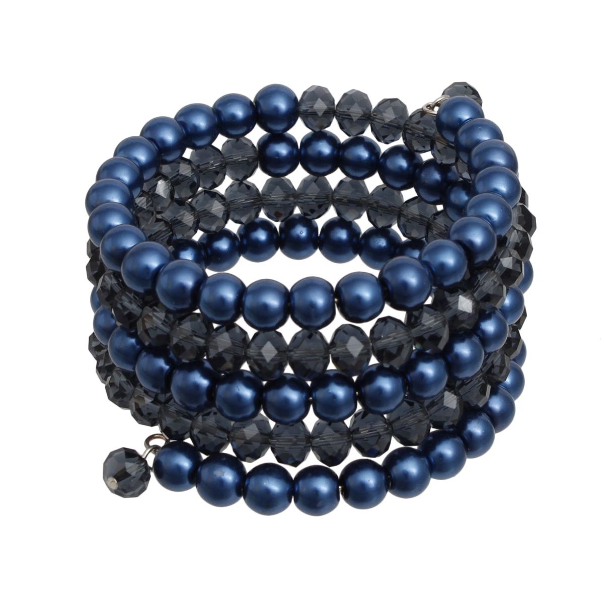Blue Coil Memory Wire Bead Bracelet Spiral Acrylic & Glass Design