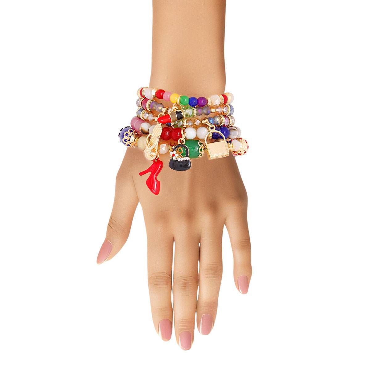 Rainbow Fashion Charm Bracelet Set – Gold & Colorful Beads, 5-Piece Boutique Charms Pinktown