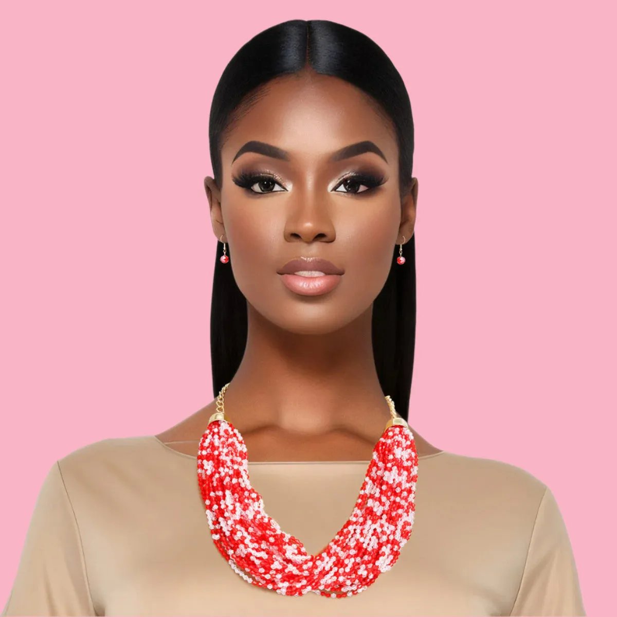 Bold Red & White Beaded Necklace Set with Gold Accents