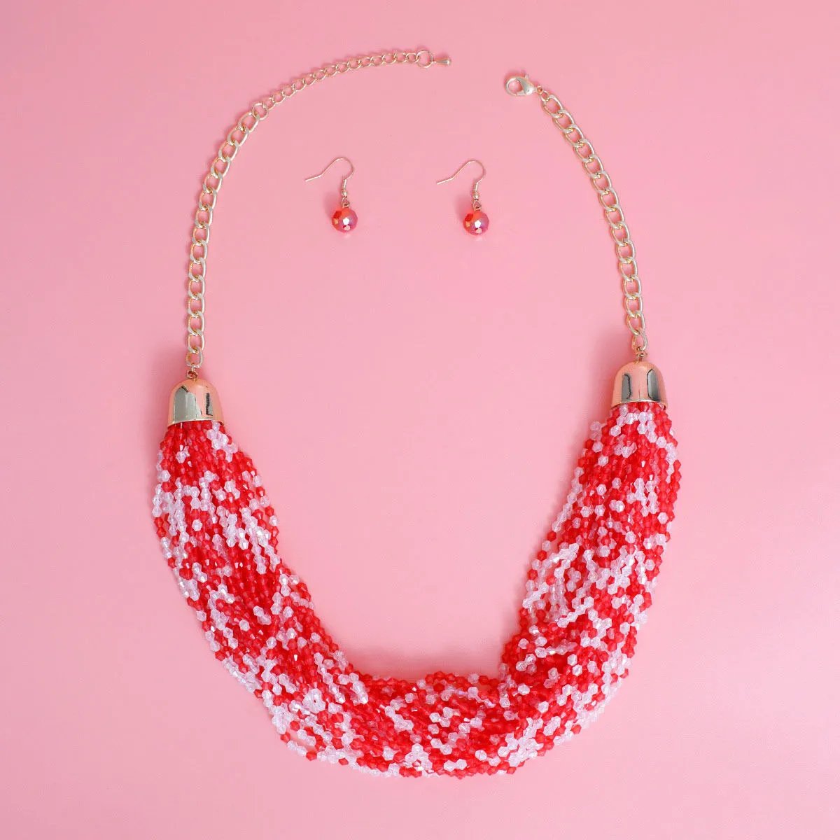 Bold Red & White Beaded Necklace Set with Gold Accents
