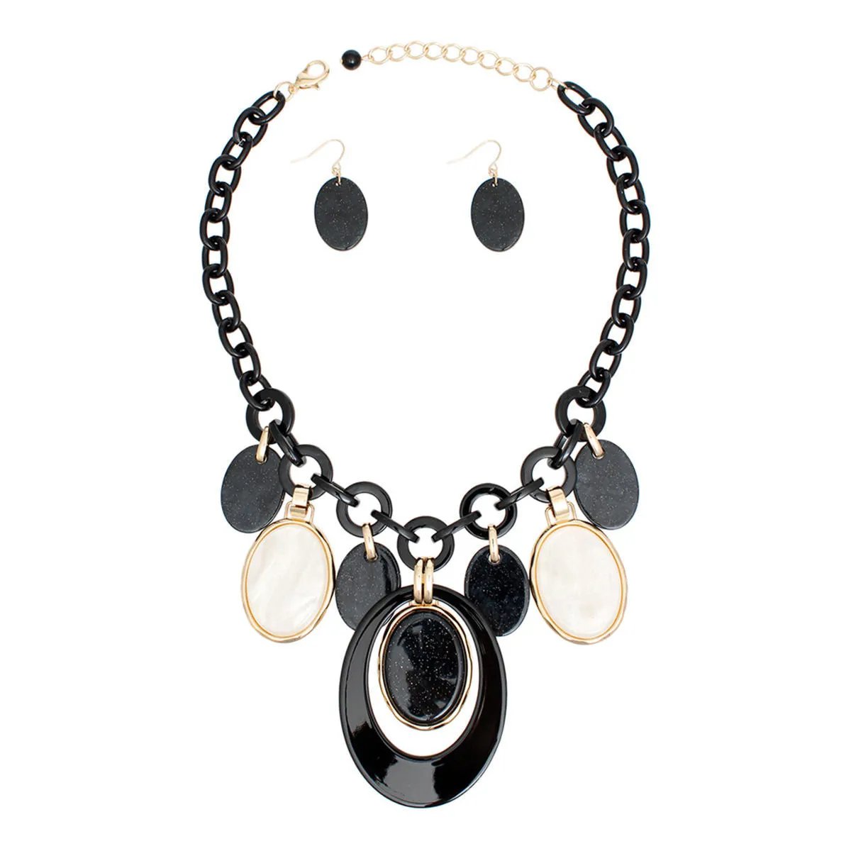 Black & White Oval Swirled Necklace Set with Earrings