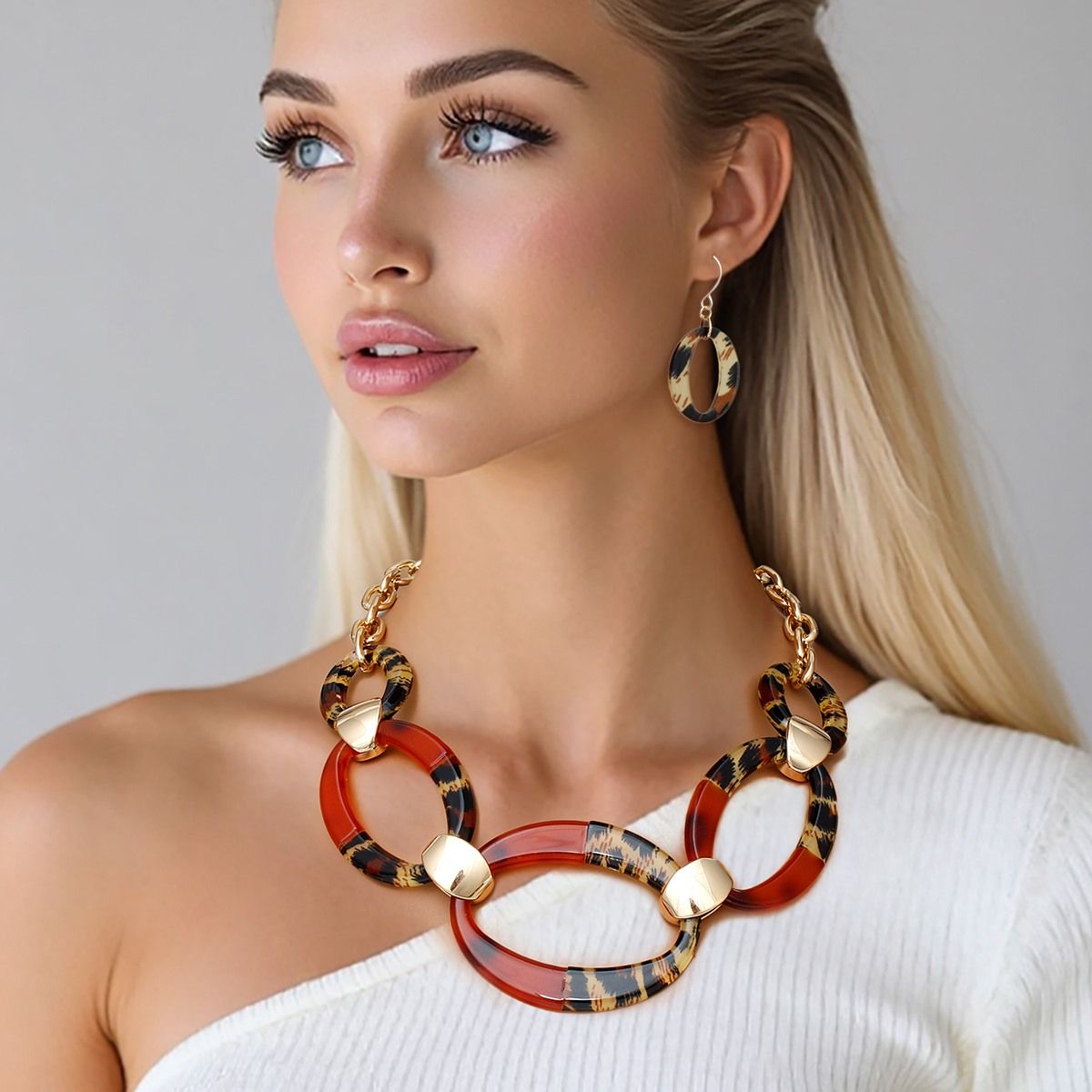 Marbled Acrylic Oval Link Collar Necklace with Gold Spacer Earring Set