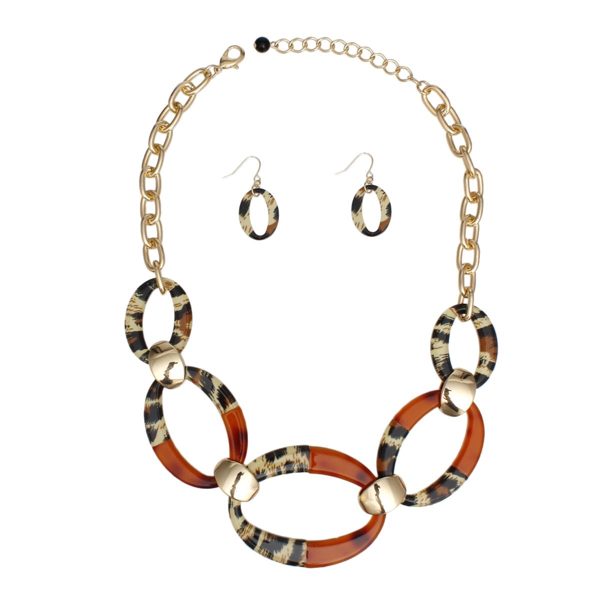Marbled Acrylic Oval Link Collar Necklace with Gold Spacer Earring Set