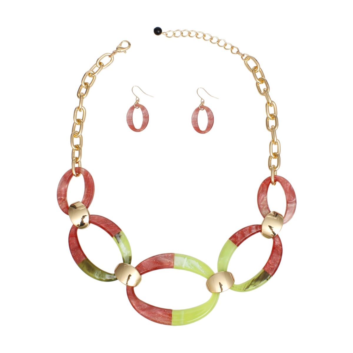 Link Necklace Set Marbled Acrylic Oval Chain with Earrings | Fashion Jewelry