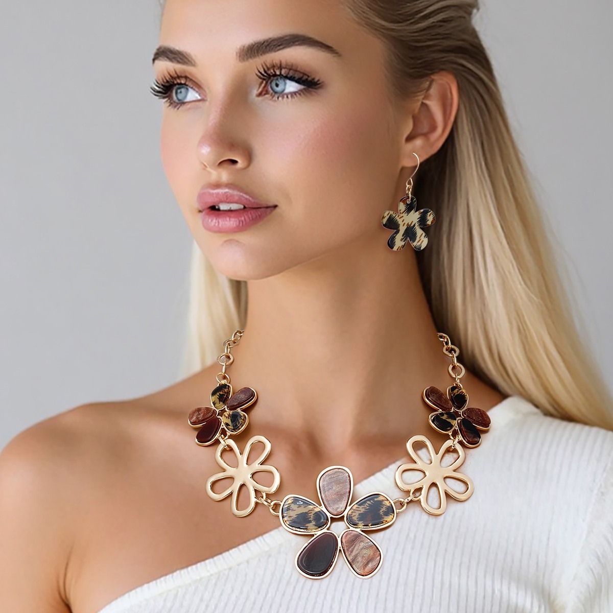 Marbled Flower Statement Necklace Set Gold Acrylic Petal Jewelry