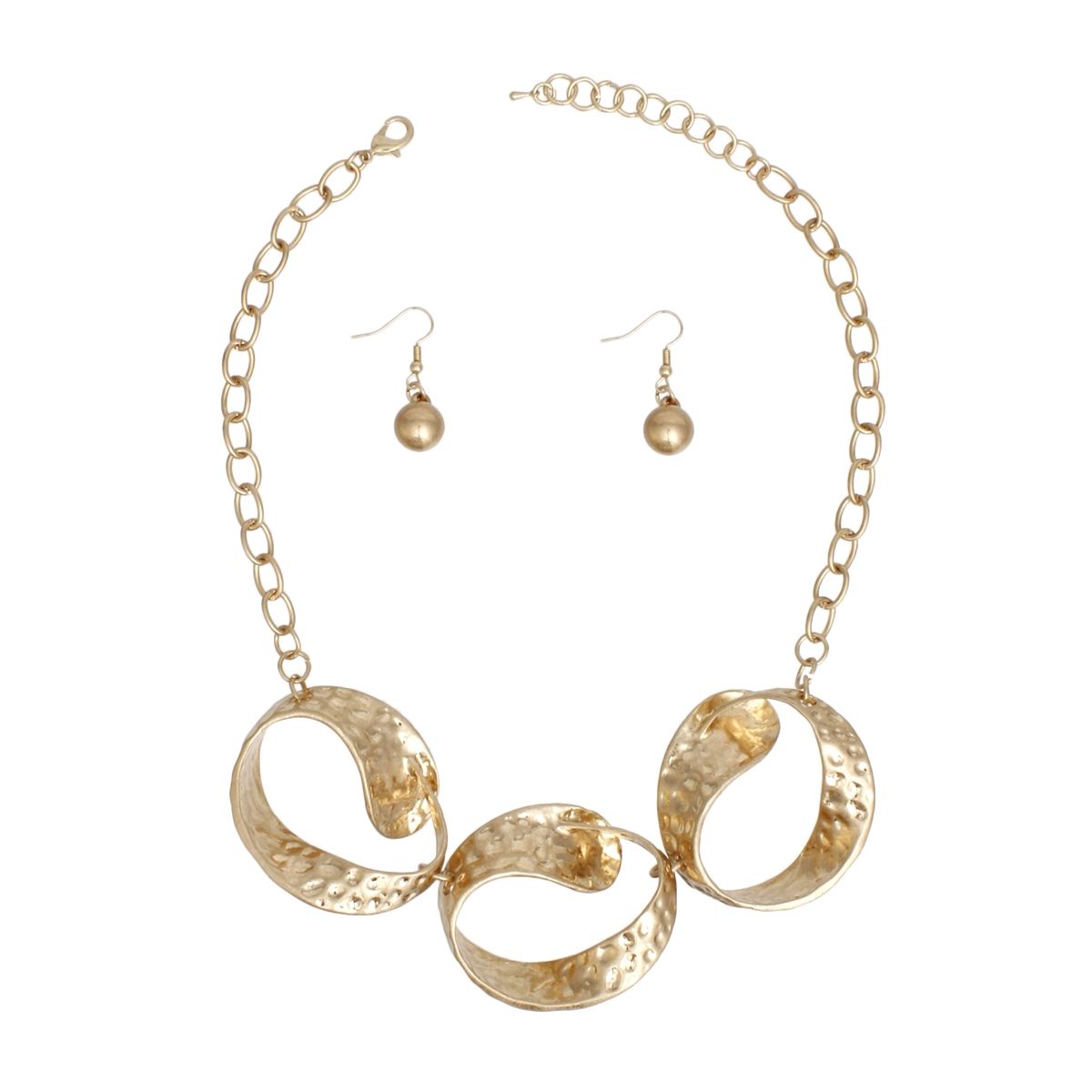 Statement Gold Link Necklace for Women with Chunky Hammered Oval Links and Matching Earrings
