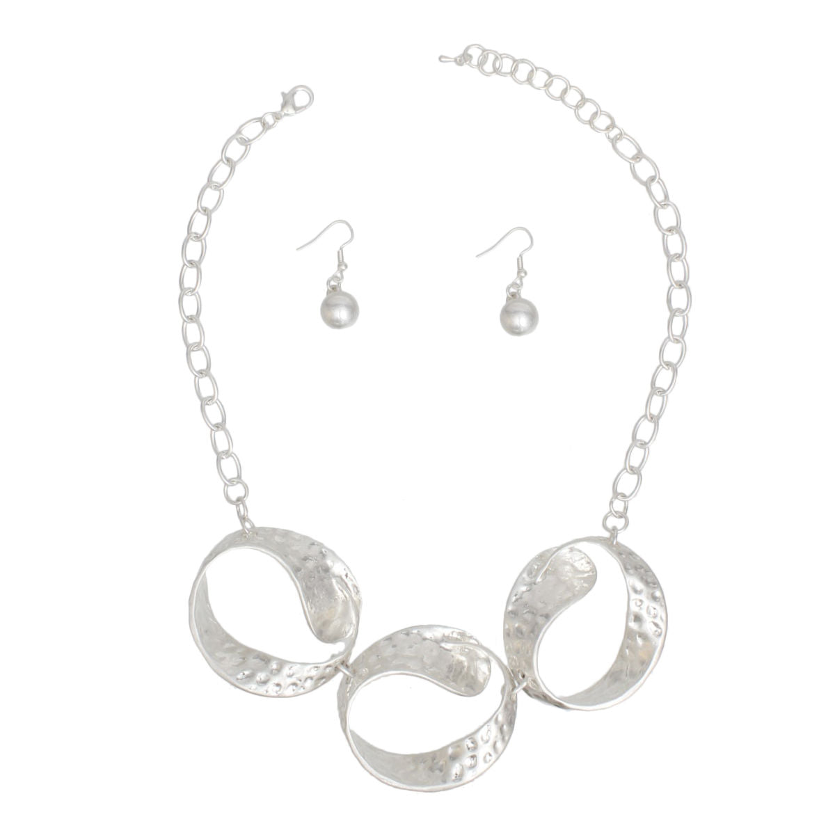 Statement Silver Link Necklace for Women with Chunky Hammered Oval Links and Matching Earrings