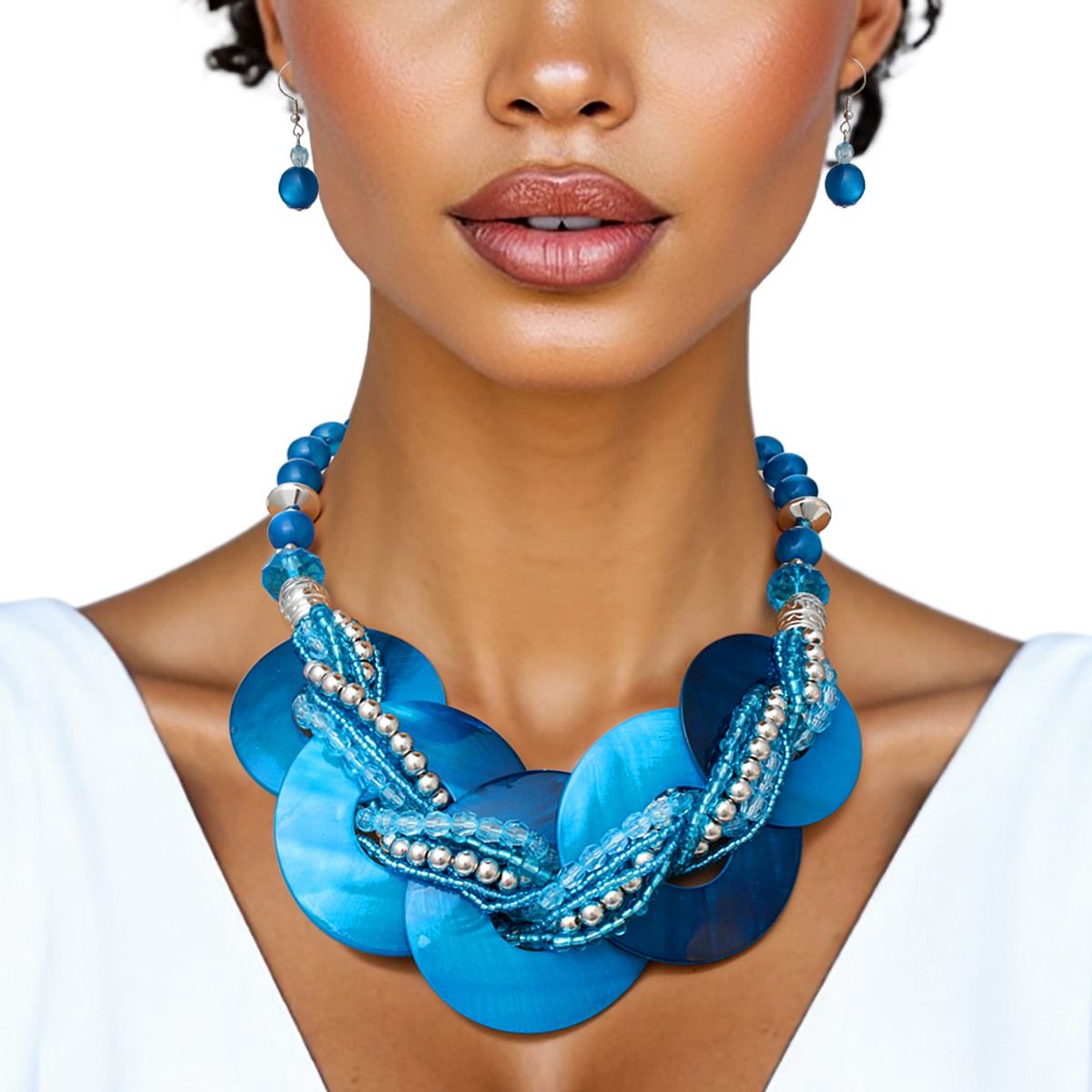Blue Shell Disc Beaded Necklace Set with Layered Beads and Matching Earrings Pinktown