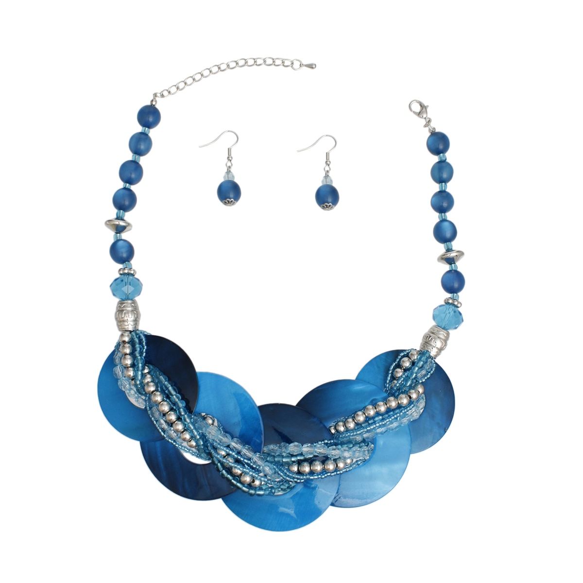 Blue Shell Disc Beaded Necklace Set with Layered Beads and Matching Earrings Pinktown