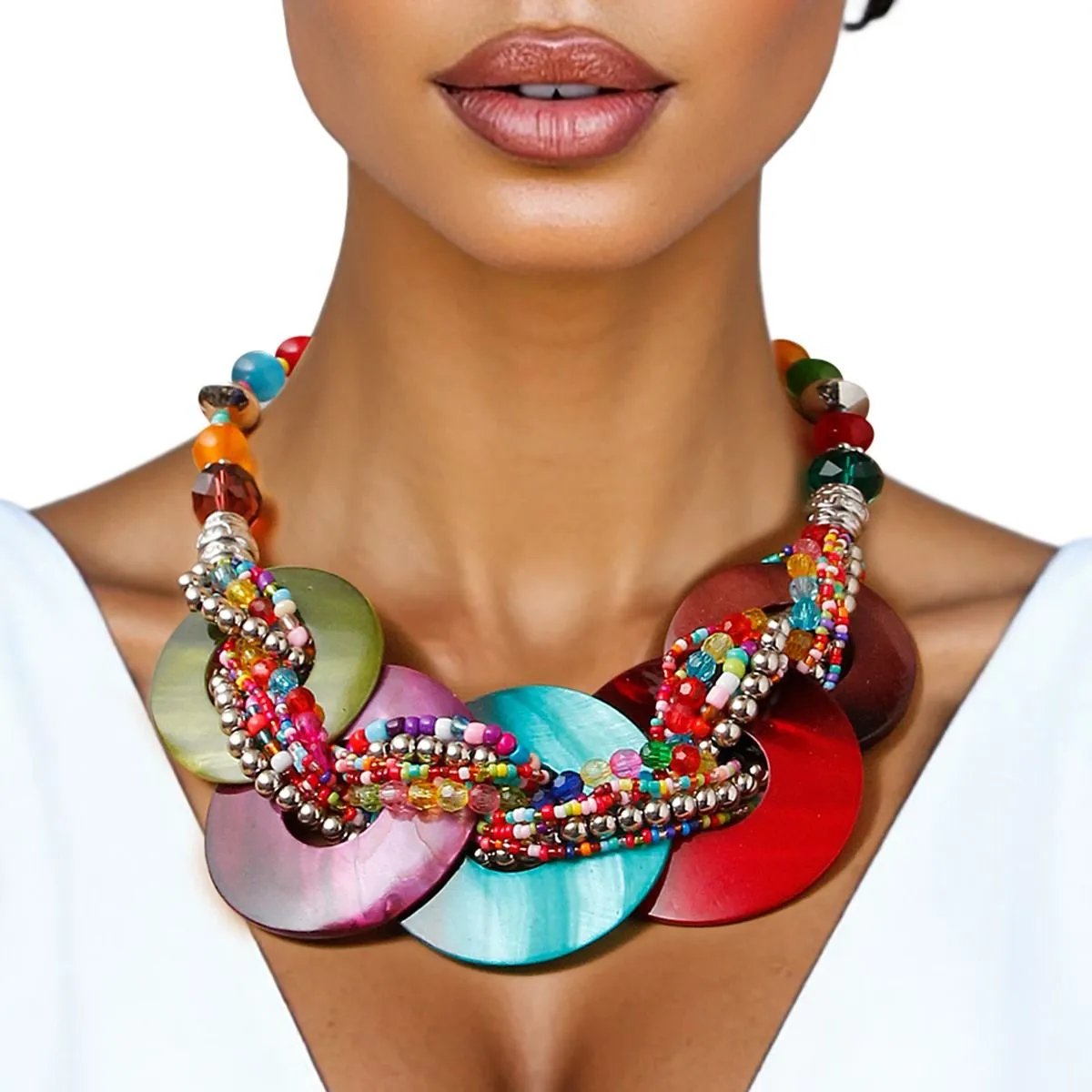 Multicolor Shell Disc Necklace Set – Beaded Collar with Earrings