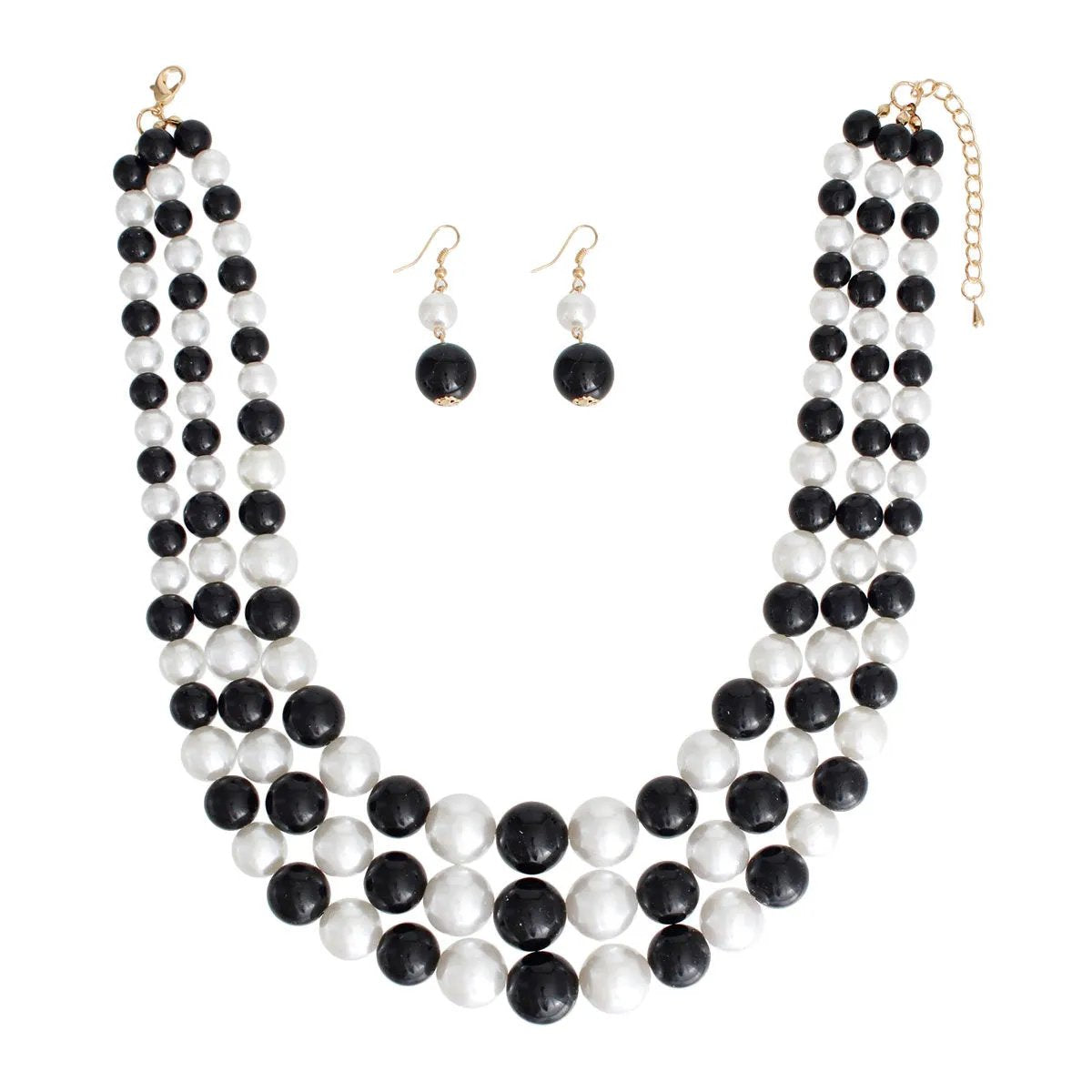 Black and White Pearl 3-Strand Layered Statement Necklace Set with Matching Earrings