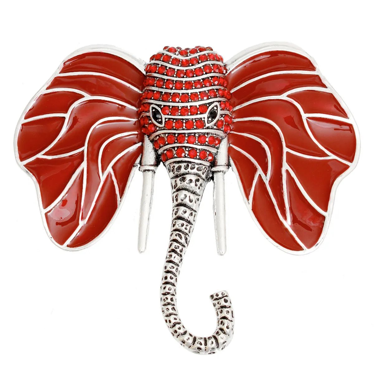 Elephant Head Brooch with Red Epoxy Ears and Rhinestone Detailing - Elegant Statement Pin Jewelry